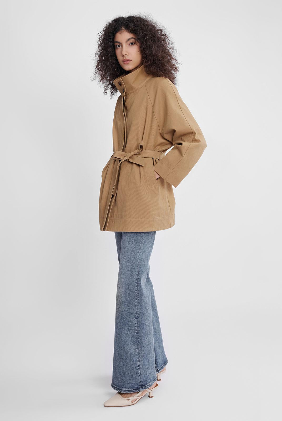 ASOBIO Stand Collar Belted Trench Coat