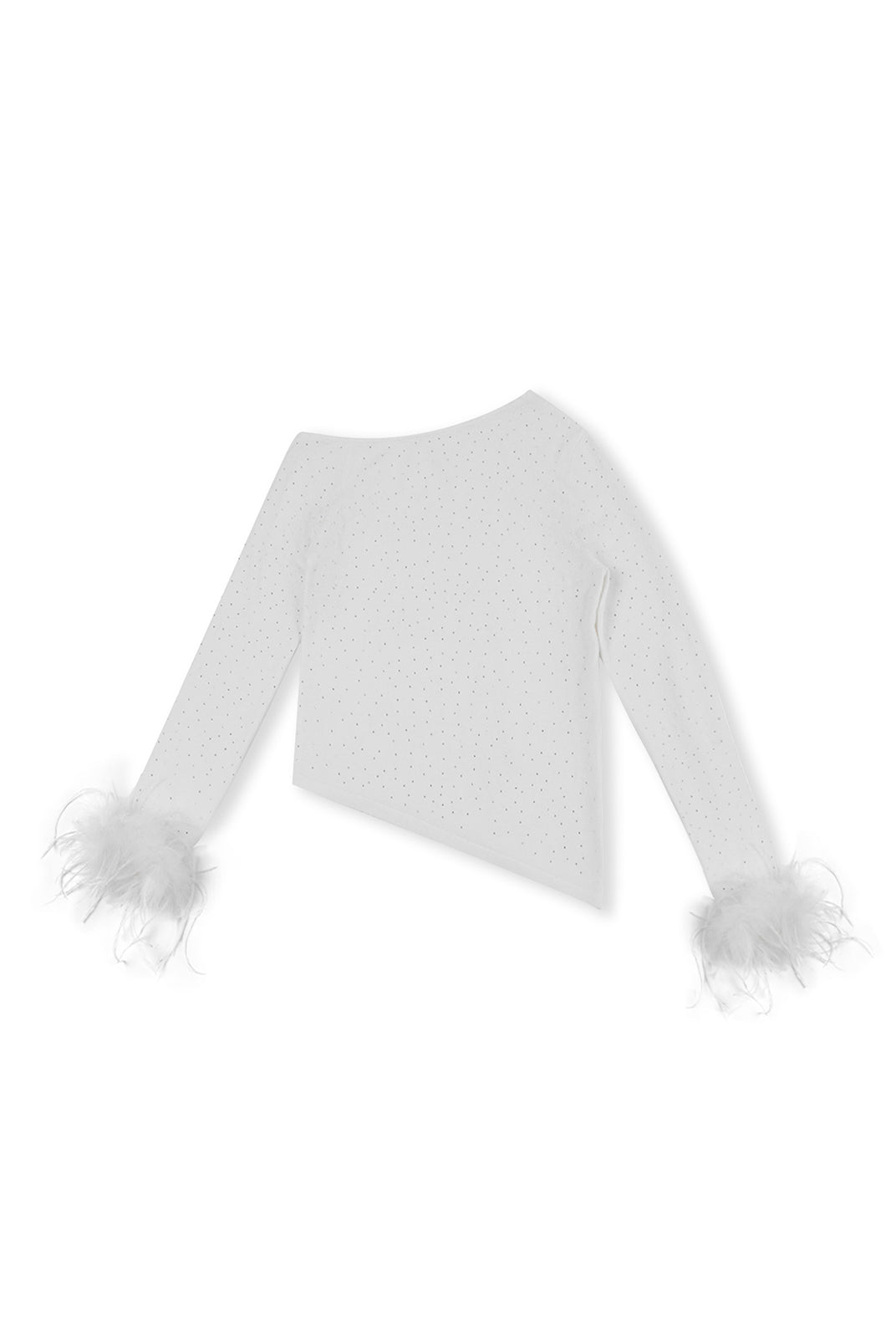 ASOBIO One-Shoulder Crystal Knit Sweater with Feather Cuffs