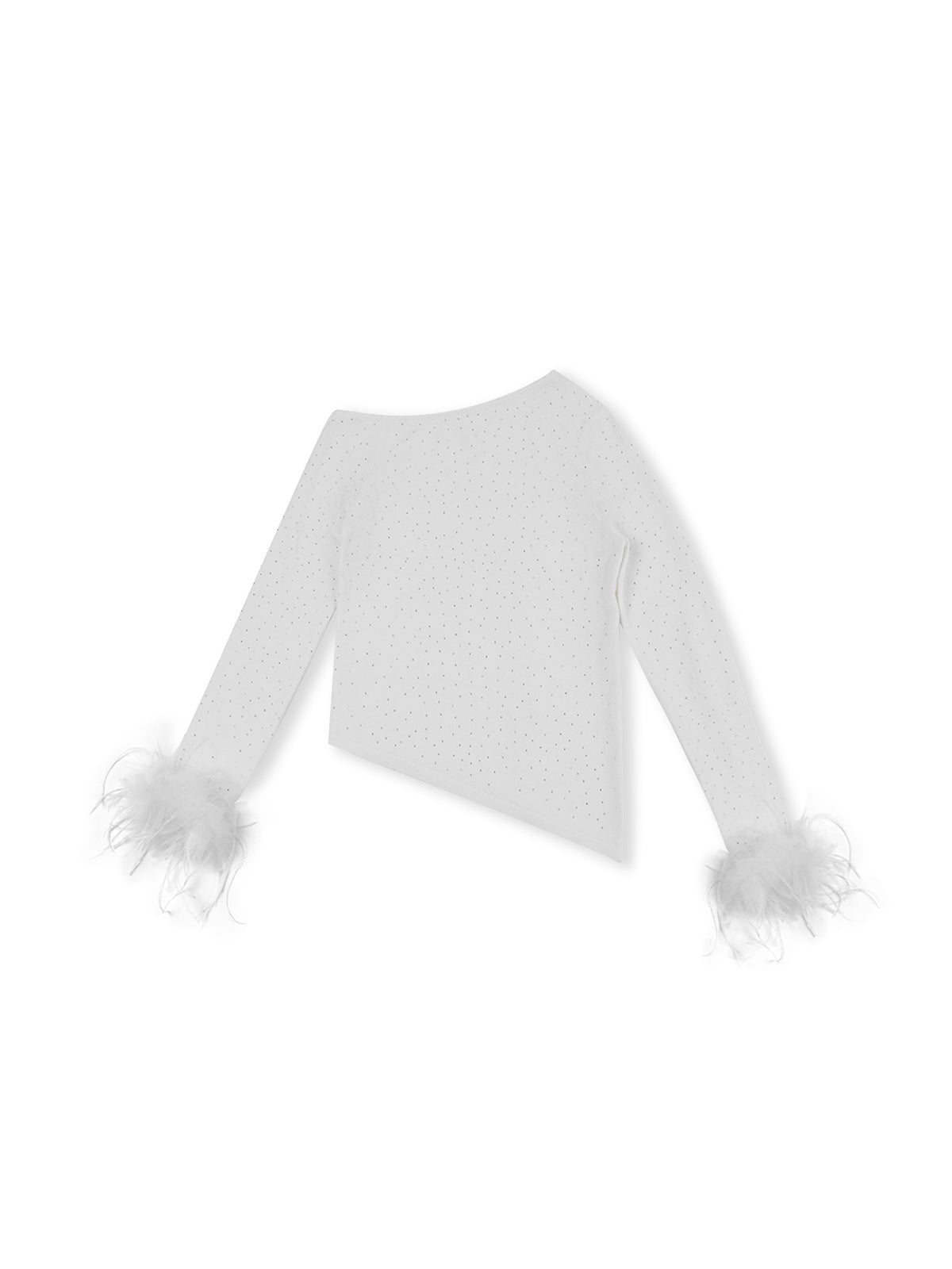 ASOBIO One-Shoulder Crystal Knit Sweater with Feather Cuffs
