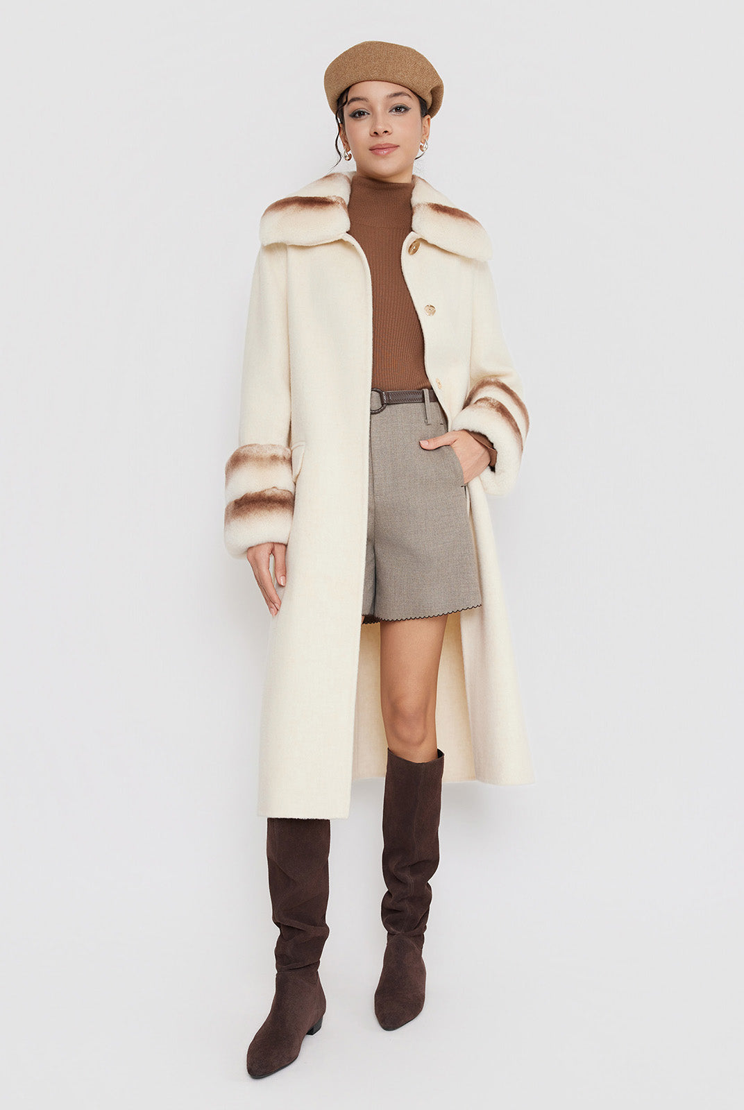 ASOBIO Wool Coat with Rex Rabbit Fur Collar