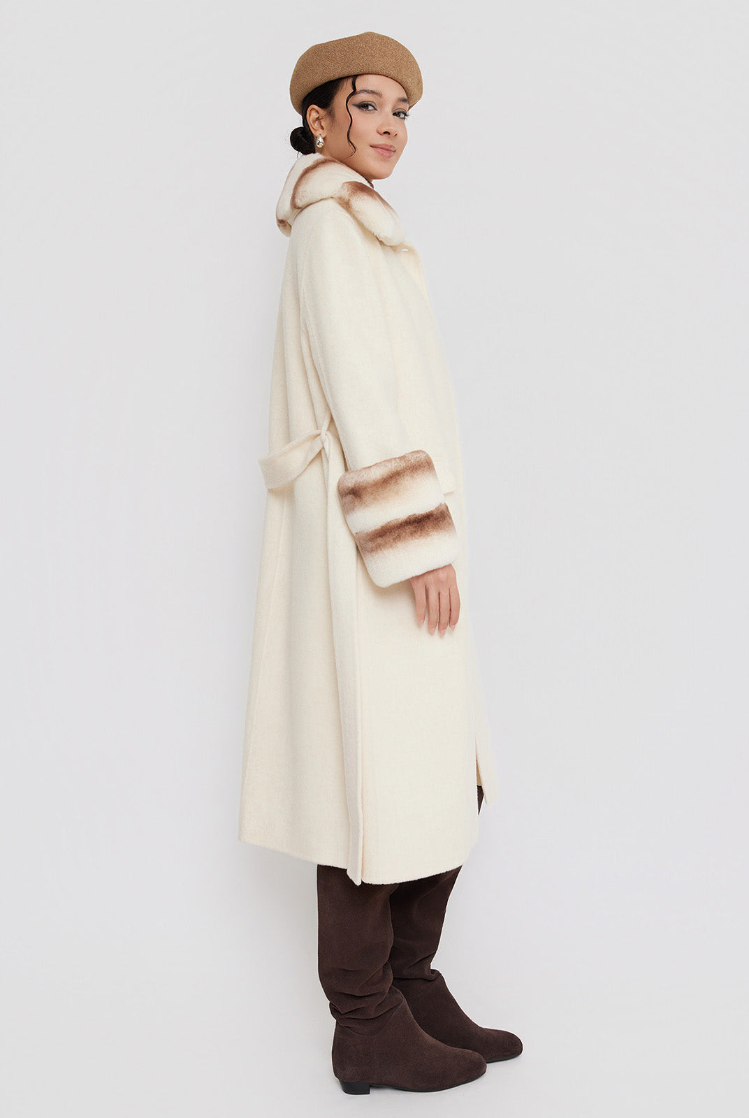 ASOBIO Wool Coat with Rex Rabbit Fur Collar
