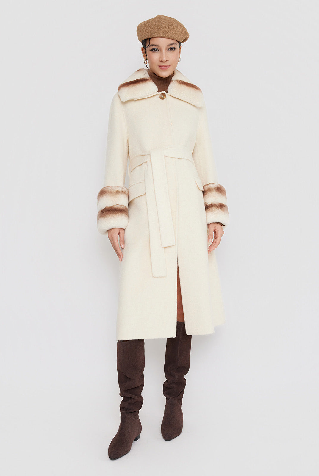 ASOBIO Wool Coat with Rex Rabbit Fur Collar