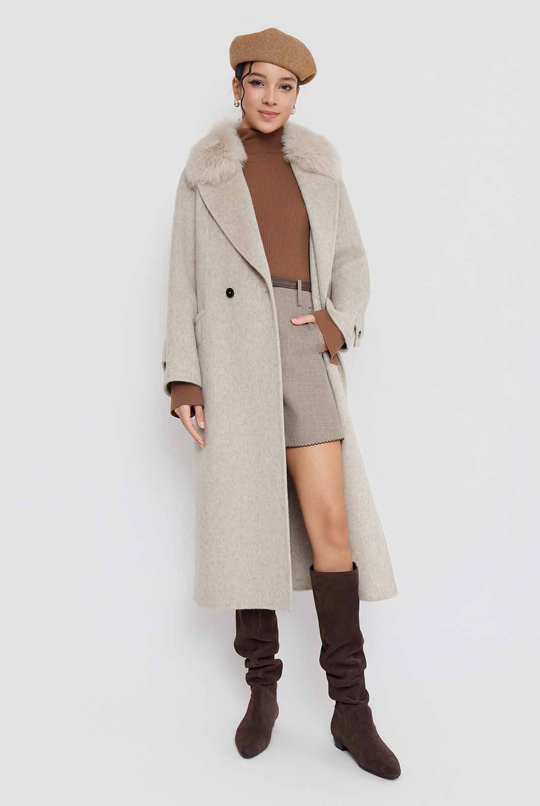 ASOBIO Wool Coat with Detachable Fox Fur Collar