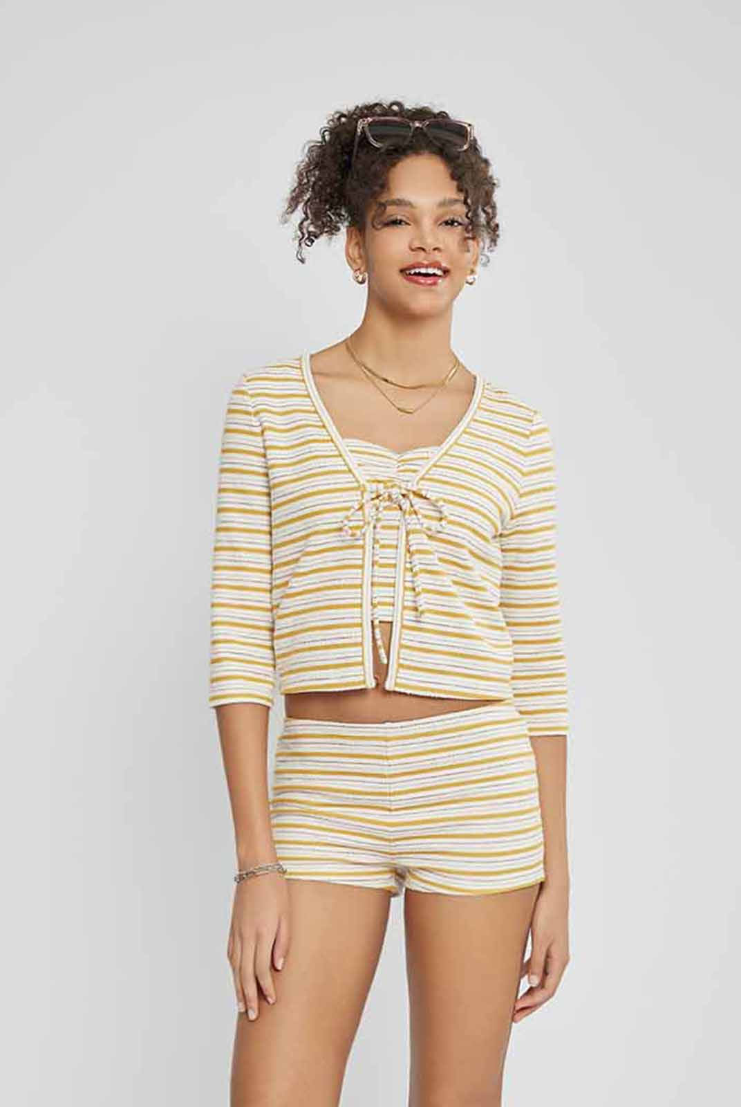 ASOBIO Knitted Front-Tie 3/4 Sleeve Cardigan