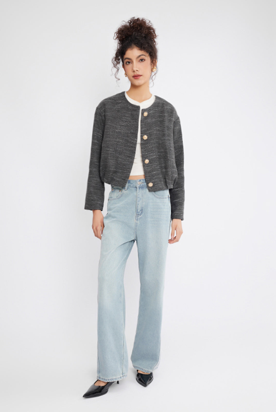 ASOBIO Cropped Tweed Jacket with Pleated Hem