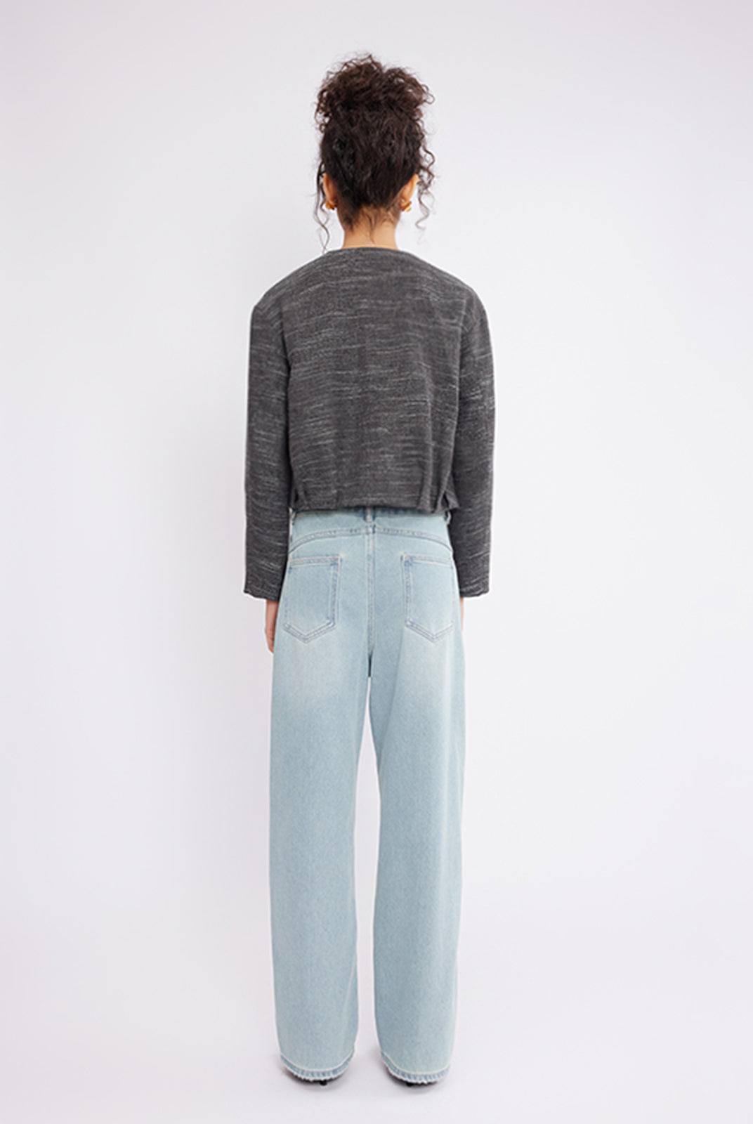 ASOBIO Cropped Tweed Jacket with Pleated Hem