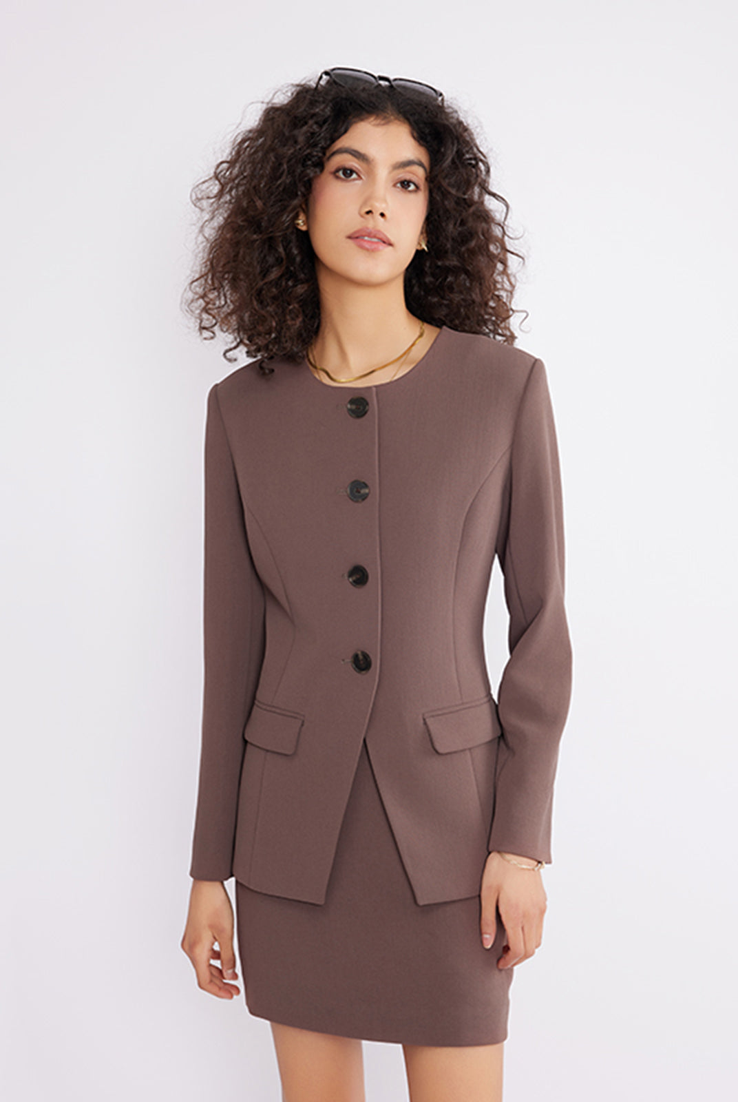 ASOBIO Tailored Round Neck Button-Up Blazer