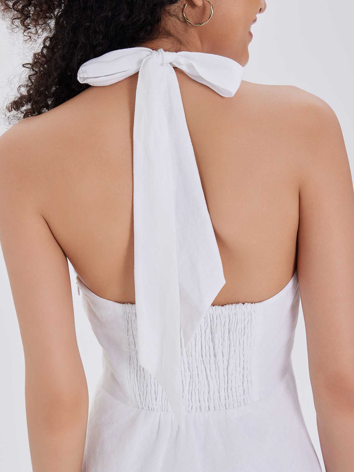 Linen Halter V-Neck Midi Dress