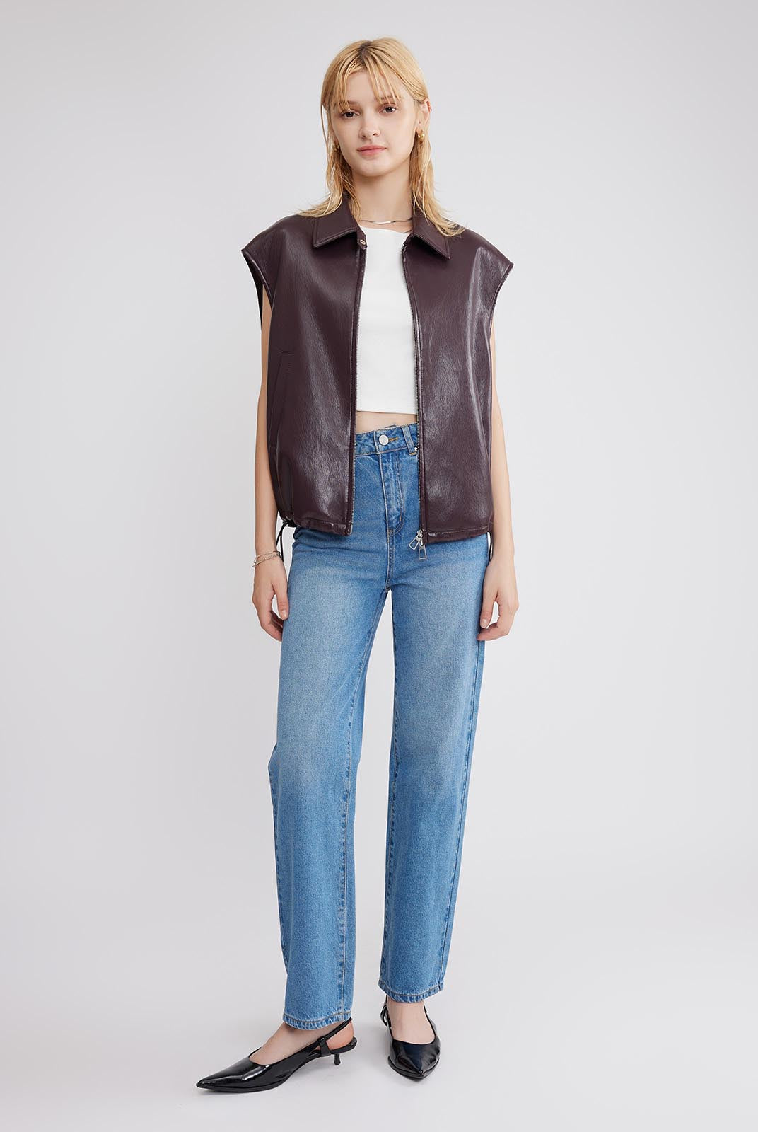 ASOBIO Faux Leather Collared Vest