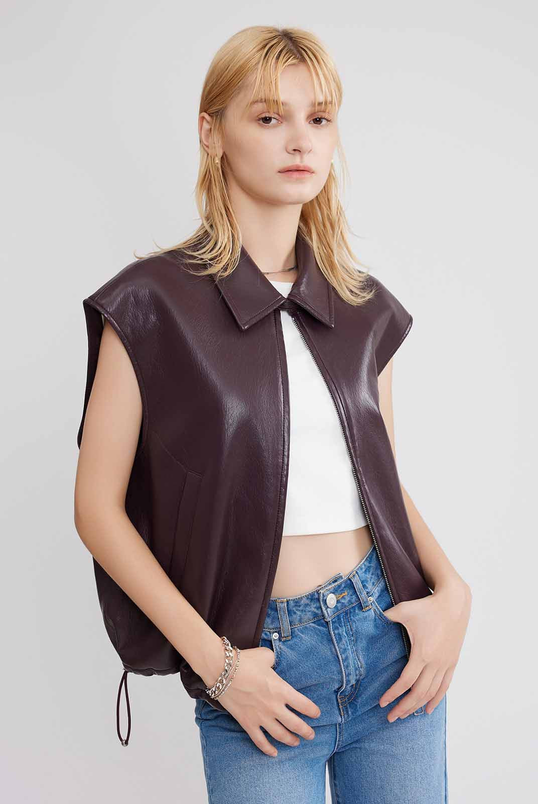 ASOBIO Faux Leather Collared Vest