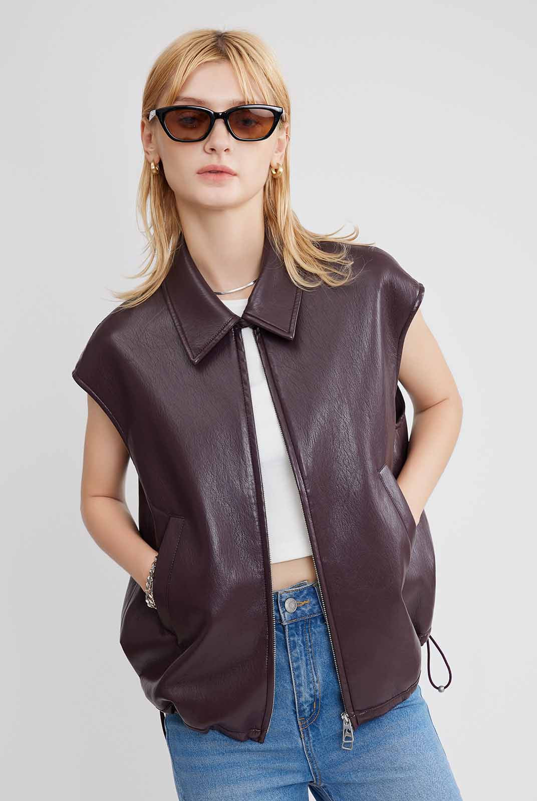 ASOBIO Faux Leather Collared Vest