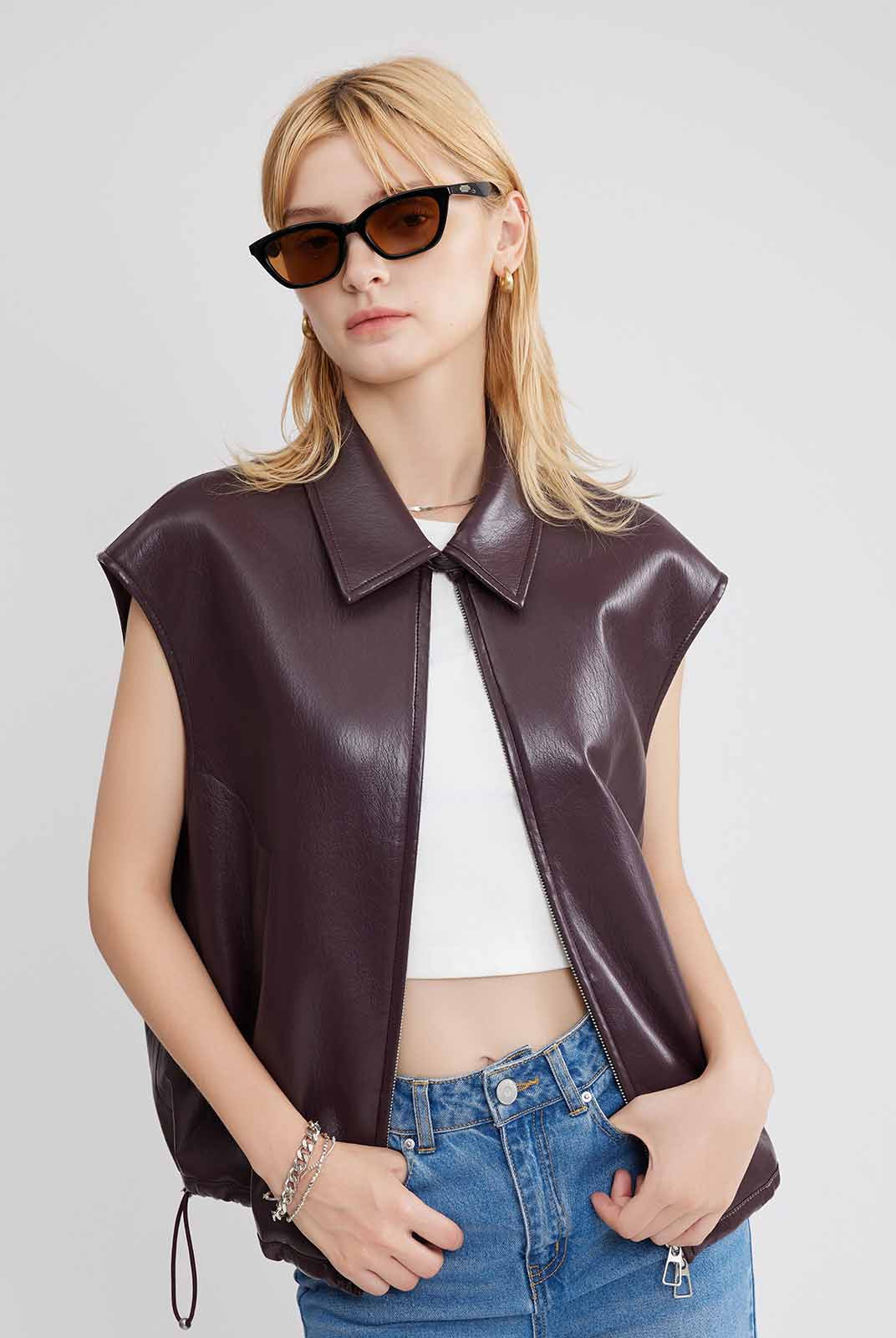 ASOBIO Faux Leather Collared Vest