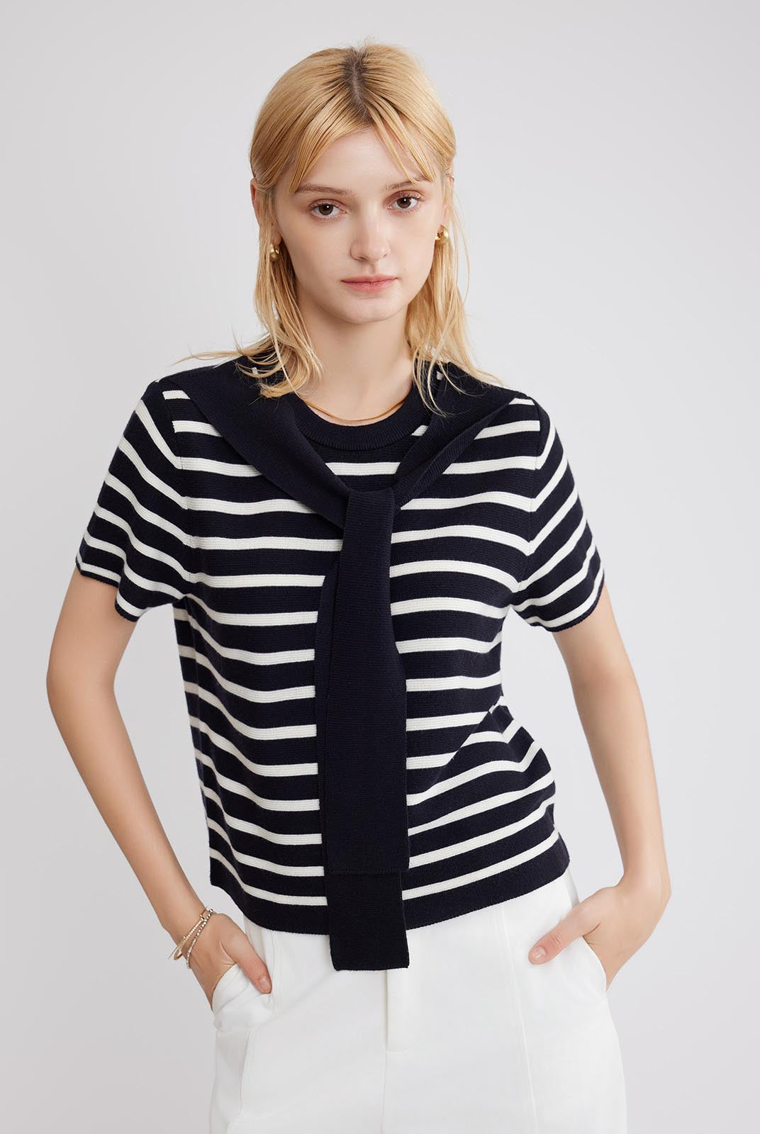 ASOBIO Wool Blend Striped Knit Top with Scarf Detail