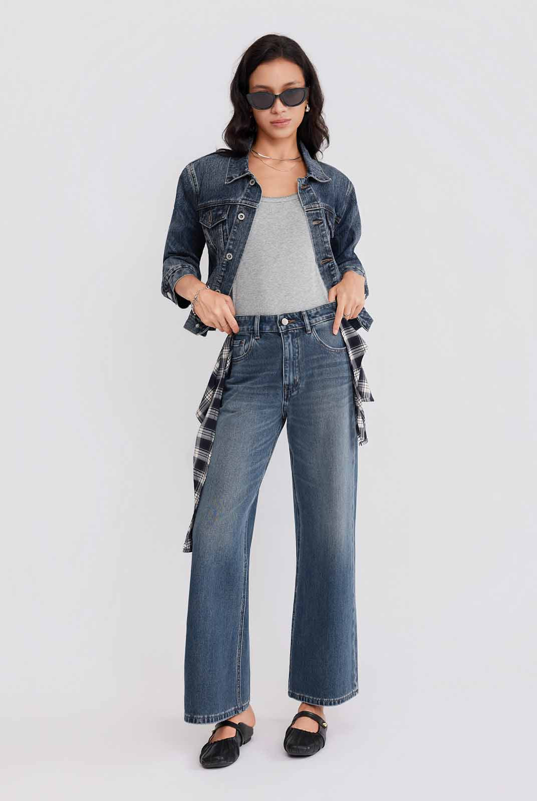 ASOBIO Plaid Tie-Detail Jeans