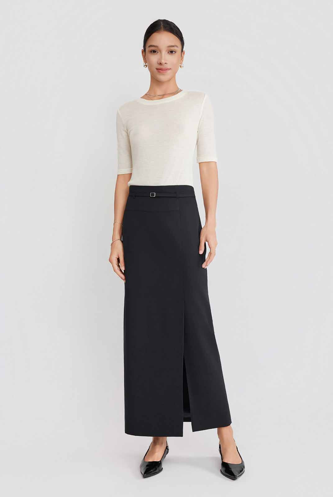 ASOBIO Belted Front-Slit Maxi Skirt