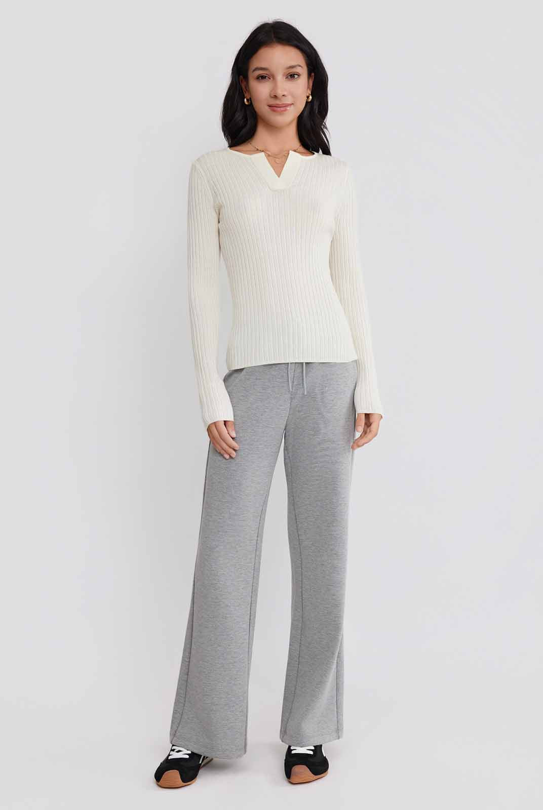 ASOBIO 100% Wool Ribbed V-Neck Pullover Sweater