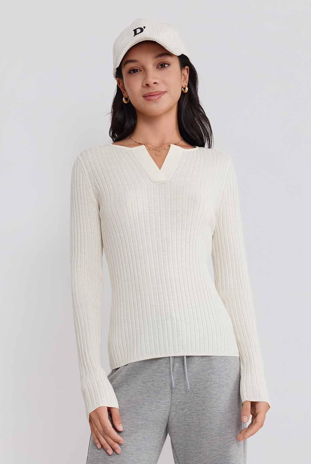 ASOBIO 100% Wool Ribbed V-Neck Pullover Sweater