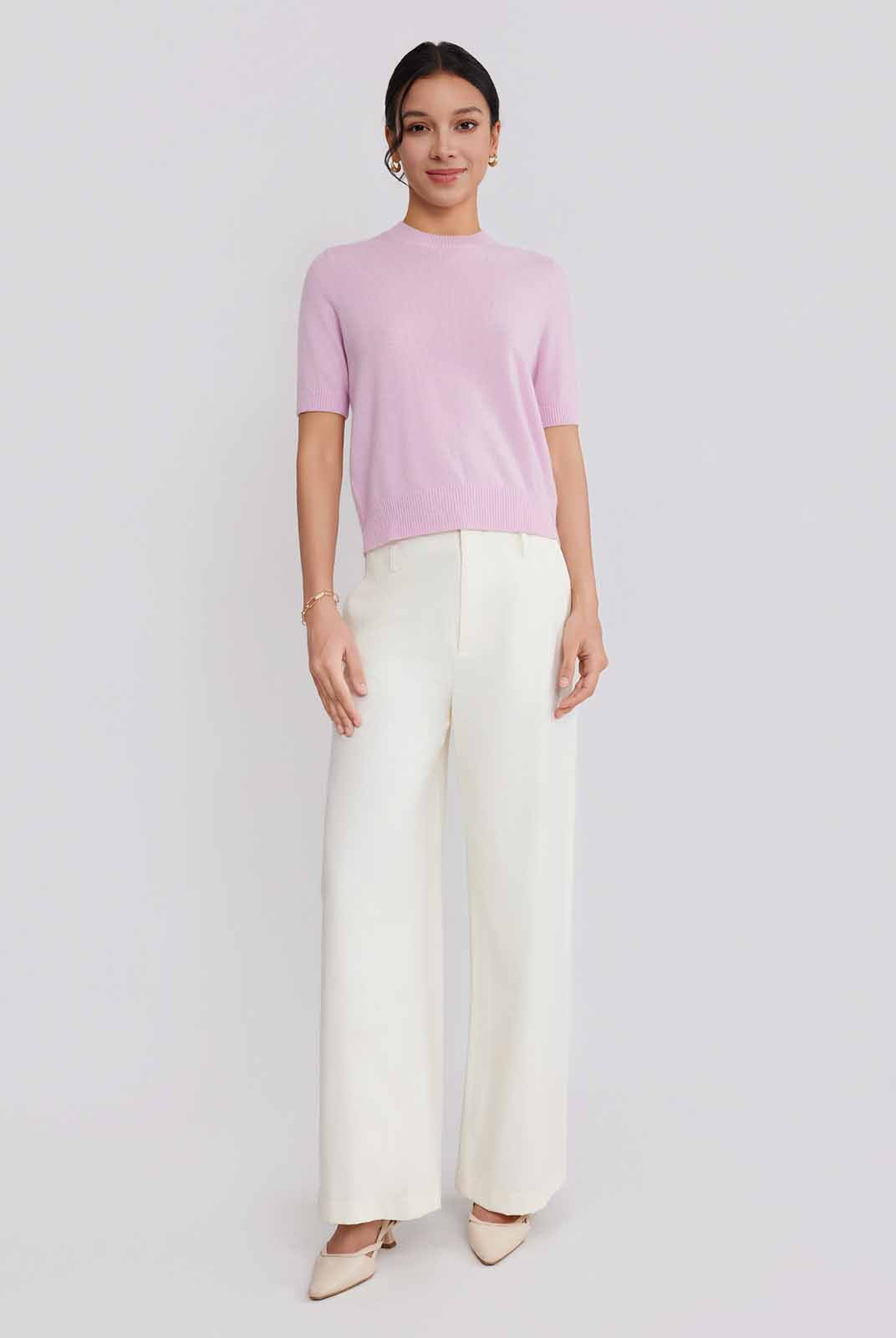 ASOBIO Wool-Cashmere Short-Sleeve Pullover Sweater