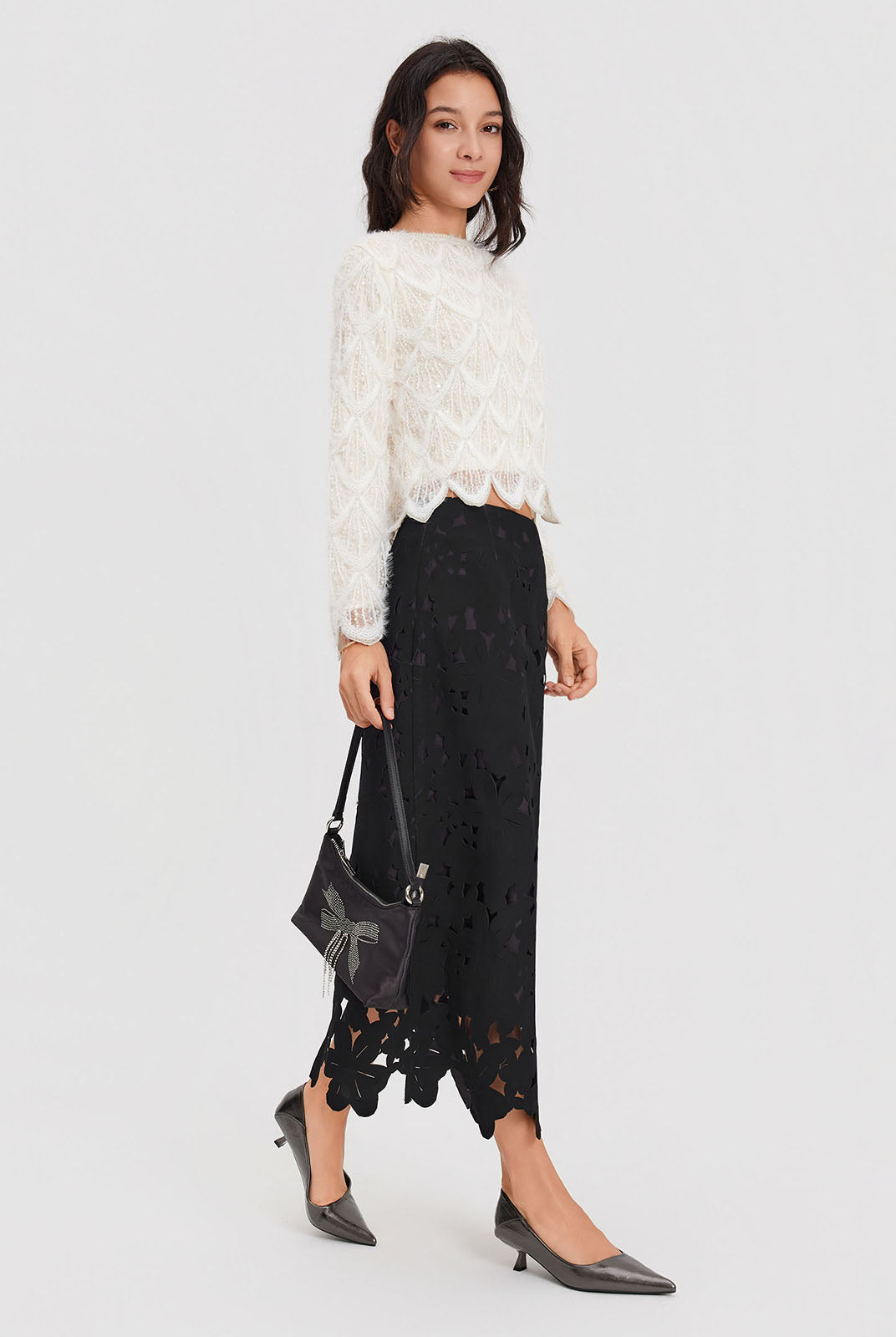 ASOBIO Feather-Trim Knit Cropped Sweater