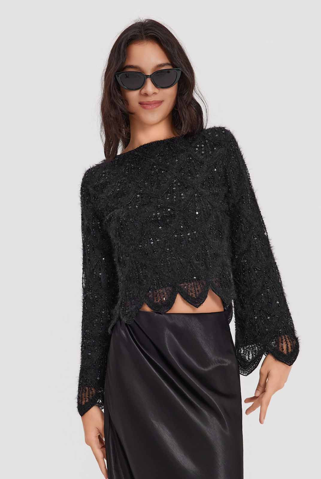 ASOBIO Feather-Trim Knit Cropped Sweater