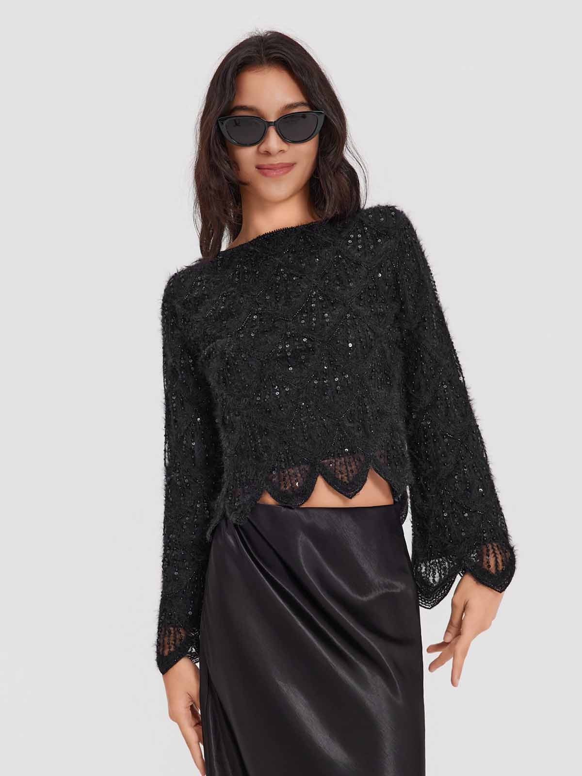 ASOBIO Feather-Trim Knit Cropped Sweater