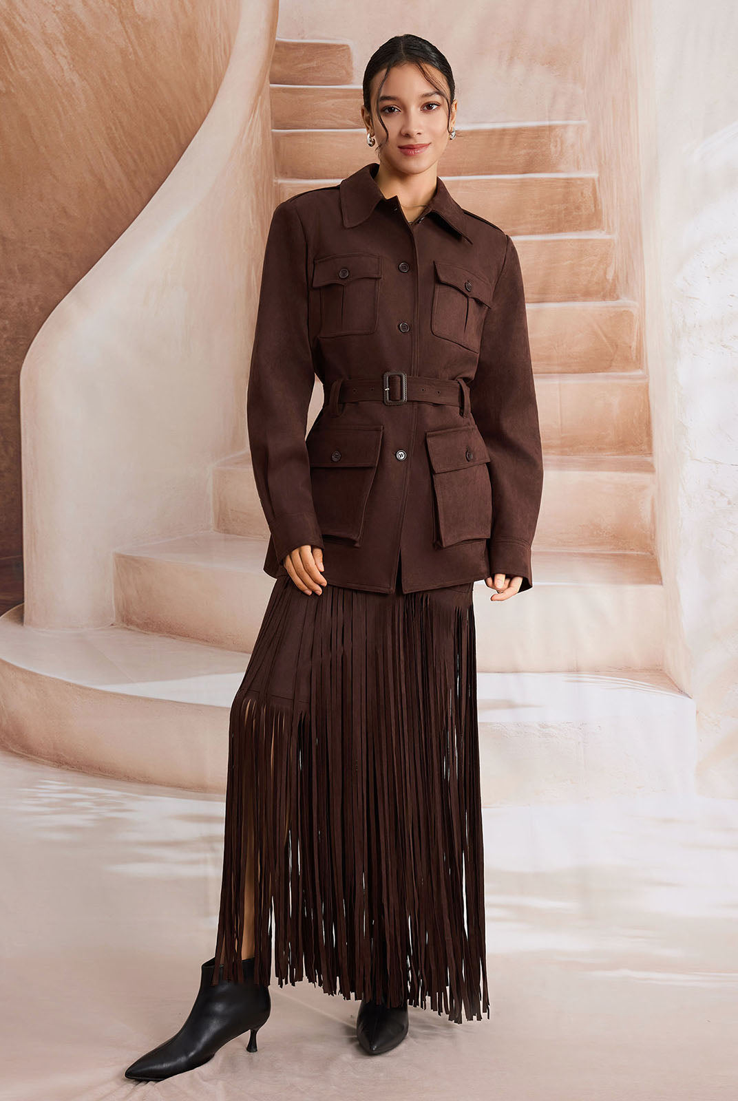 ASOBIO Suede Belted Trucker Jacket