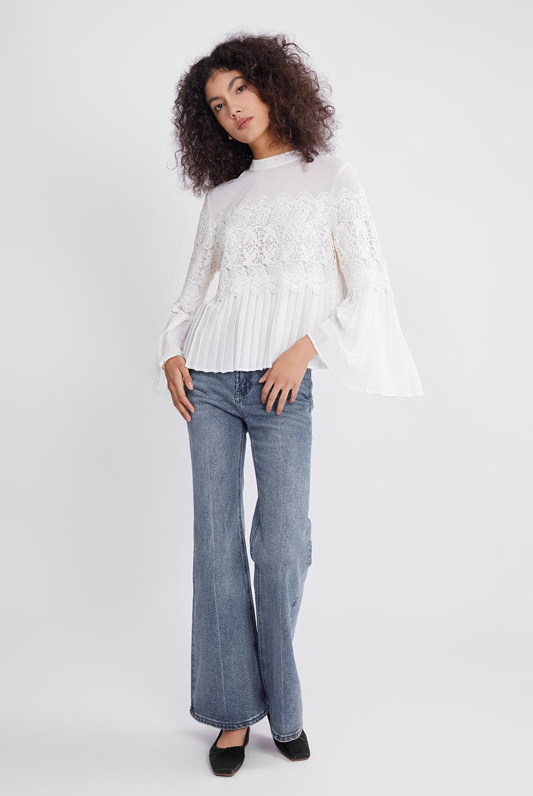 ASOBIO Pleated Chiffon Lace-Panel Blouse