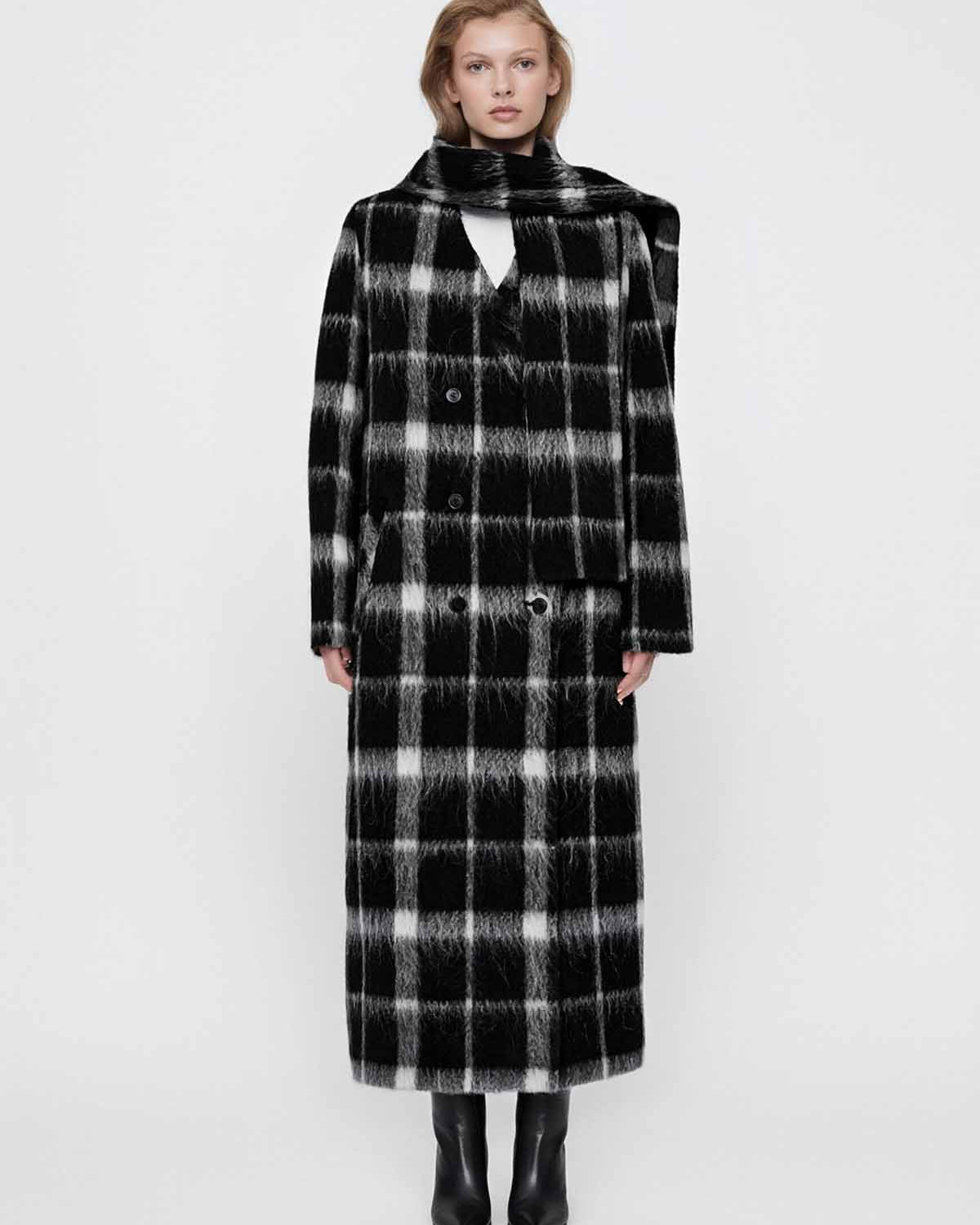 ASOBIO Checked Double-Faced Wool Long Coat with Removable Scarf