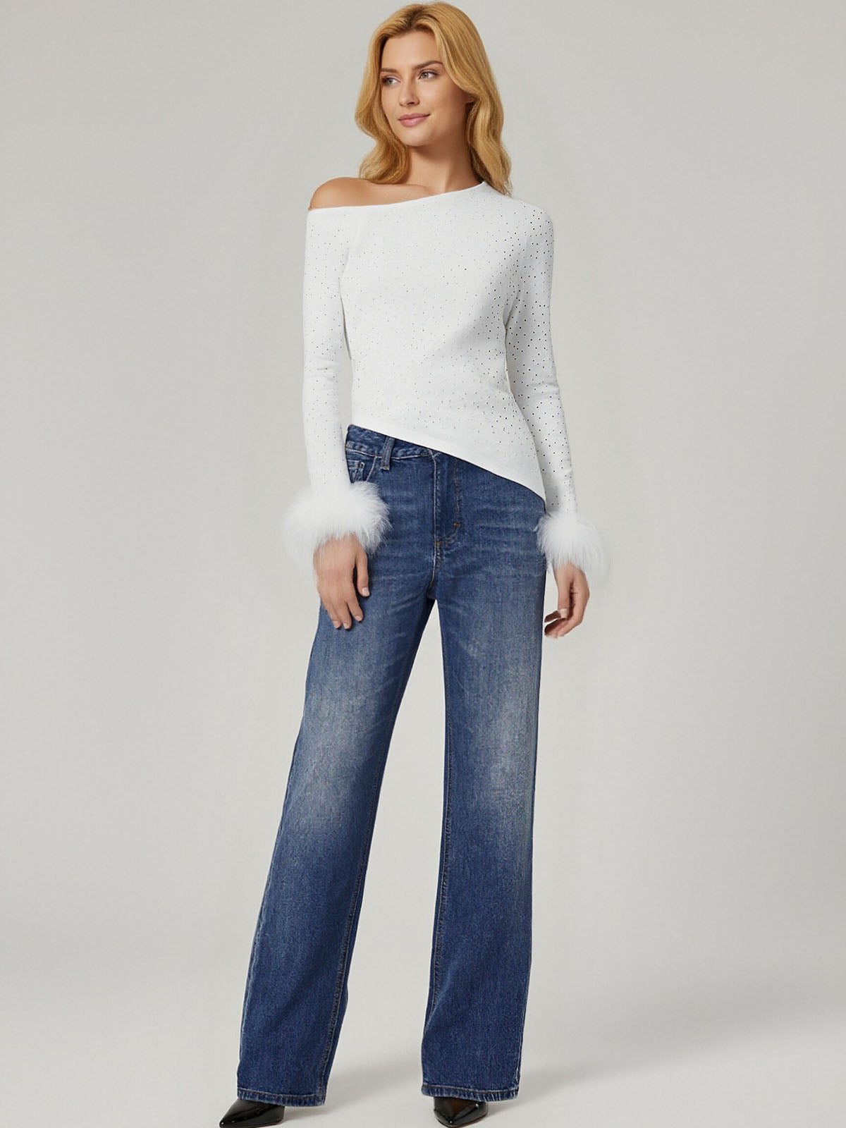 ASOBIO One-Shoulder Crystal Knit Sweater with Feather Cuffs