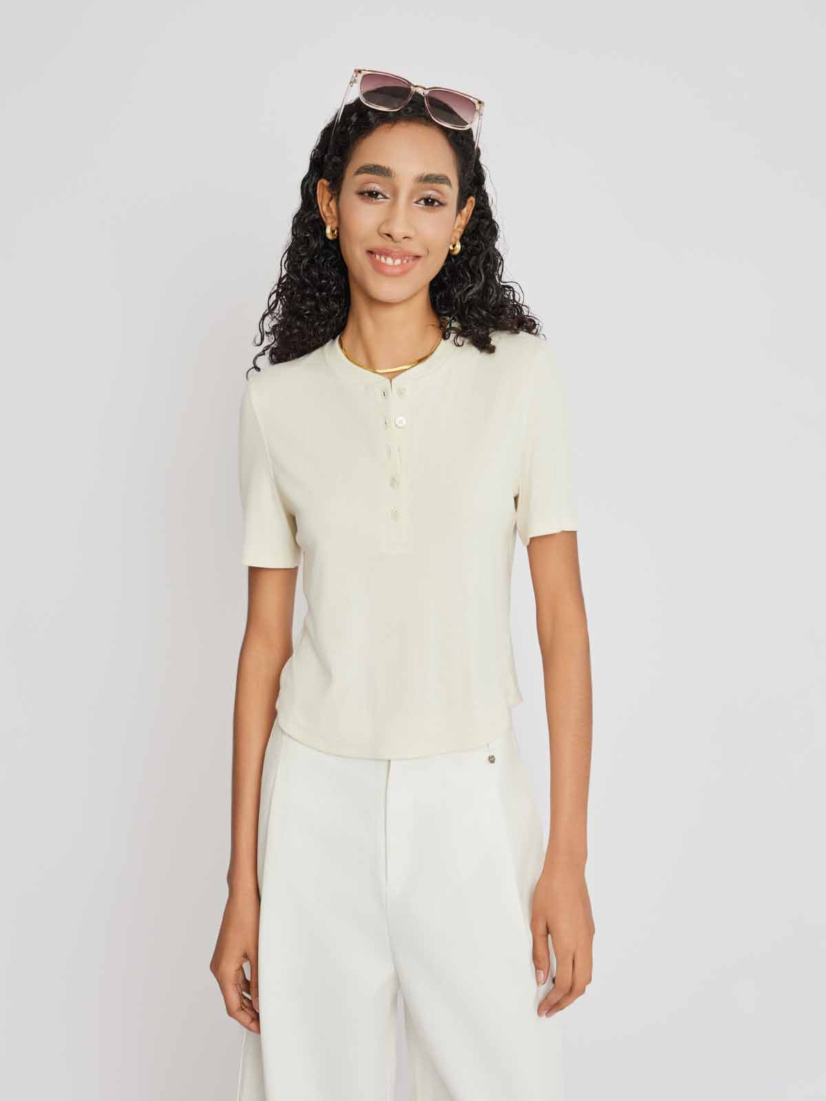 Stretch Rib Short Sleeve Henley Top