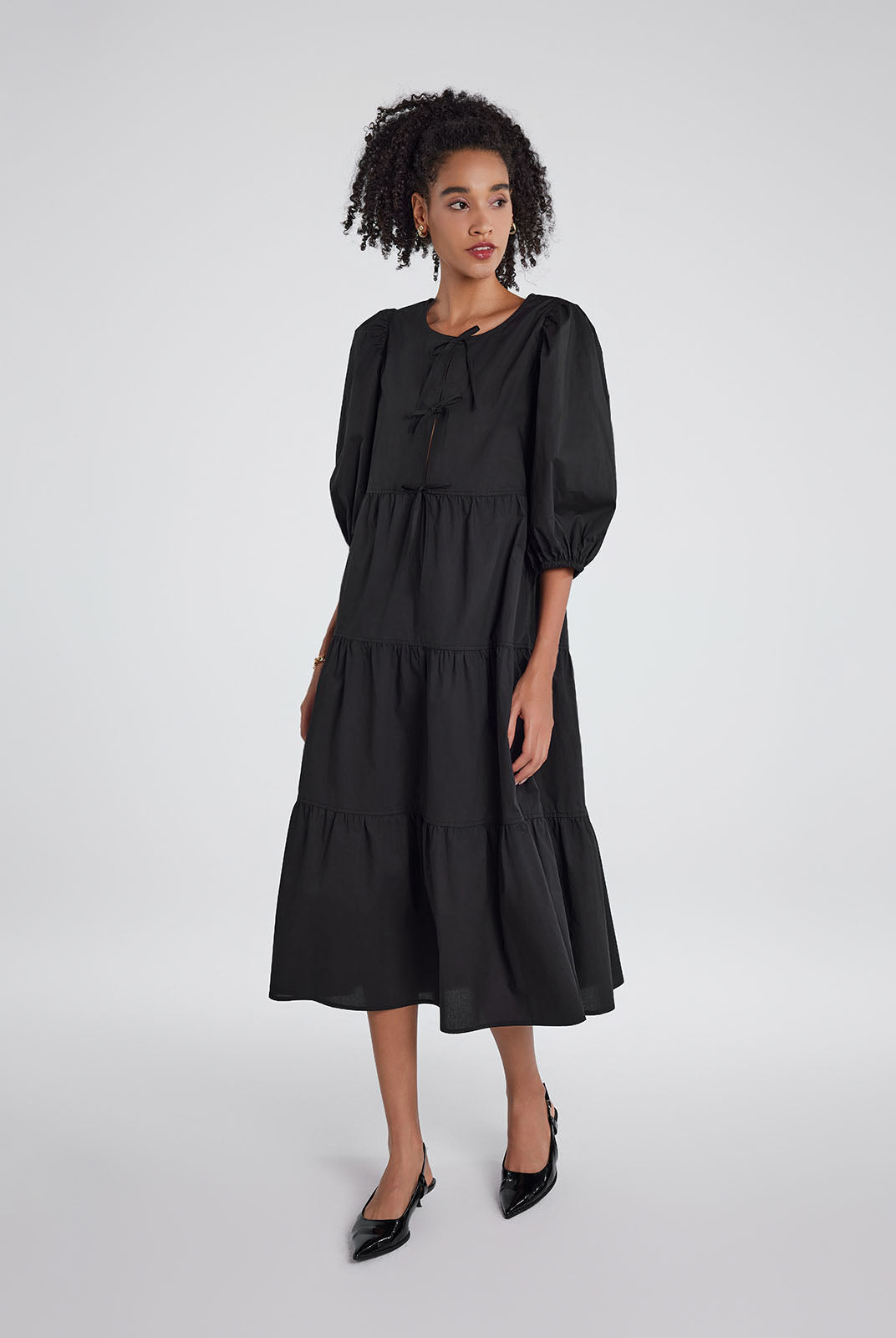 Elegant Bow Tie Front Midi Dress with Tiers