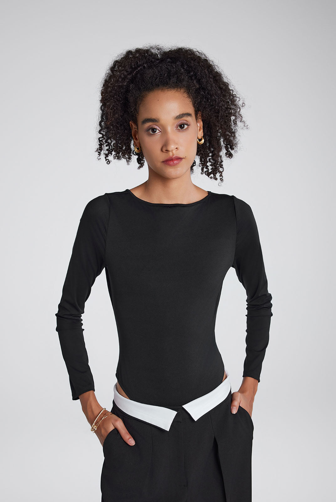 Body-hugging boatneck long-sleeve bodysuit