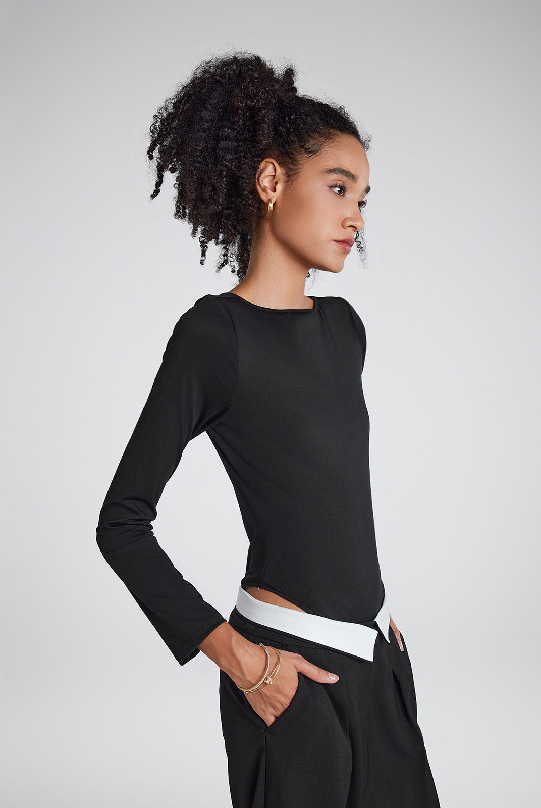 Long-sleeve boatneck bodysuit with thong-cut bottom