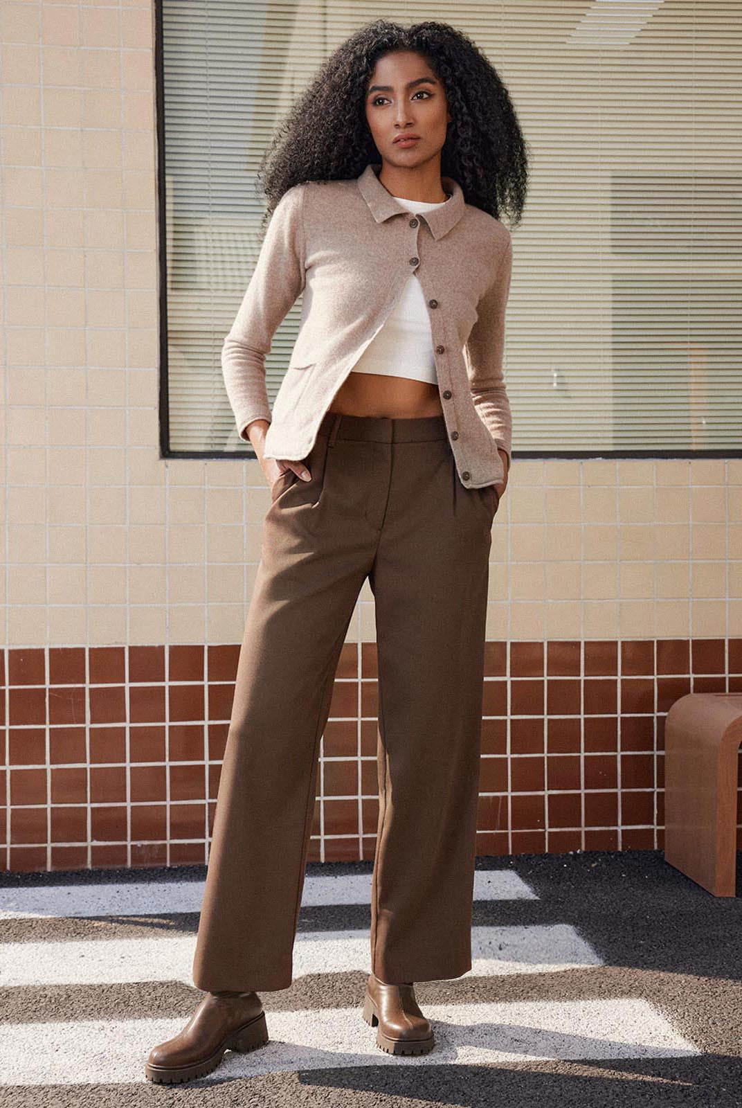 ASOBIO Soft Structured Mid-Waist Straight-Leg Trousers