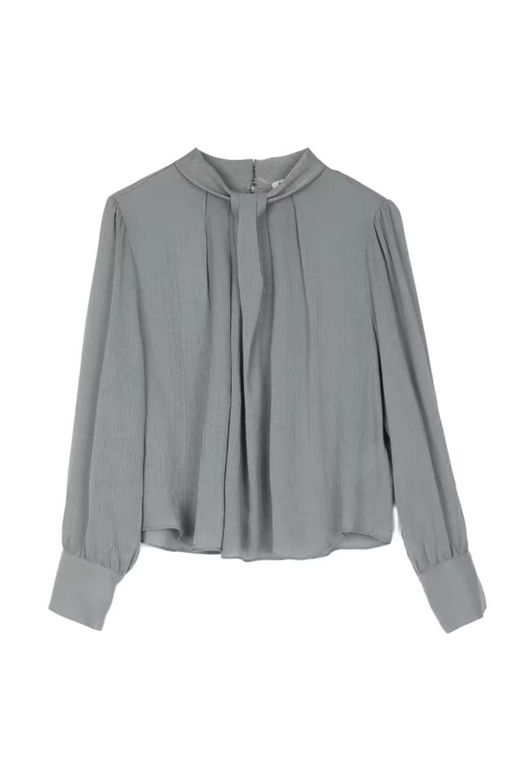ASOBIO Long-Sleeve Pleated Stand Collar Textured Blouse