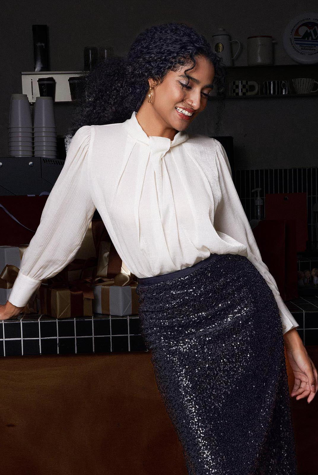 ASOBIO Long-Sleeve Twist Neck Textured Blouse