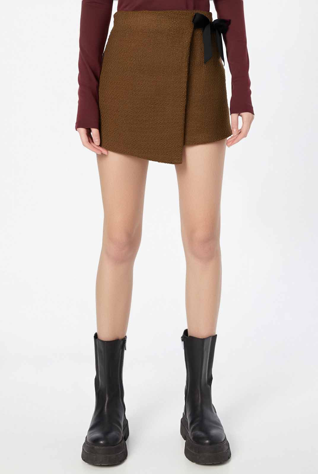 ASOBIO Mid-Rise Side Tie A-Line Wrap Mini Skirt