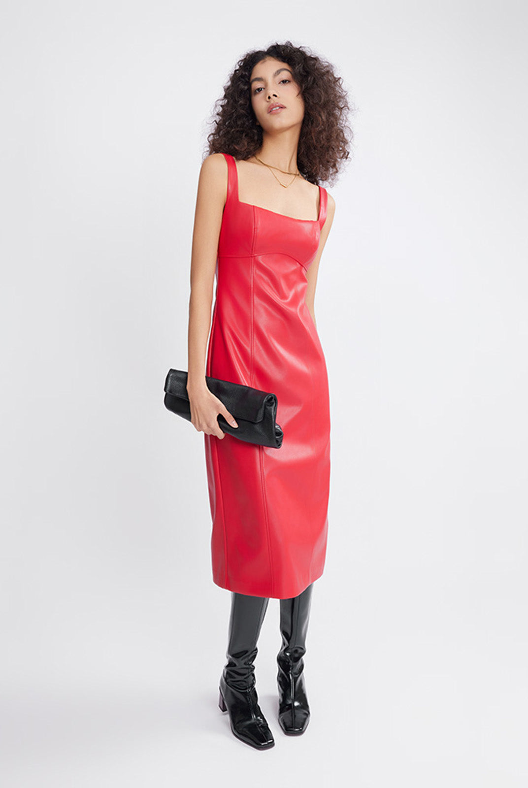 ASOBIO Square Neck Faux Leather Midi Dress