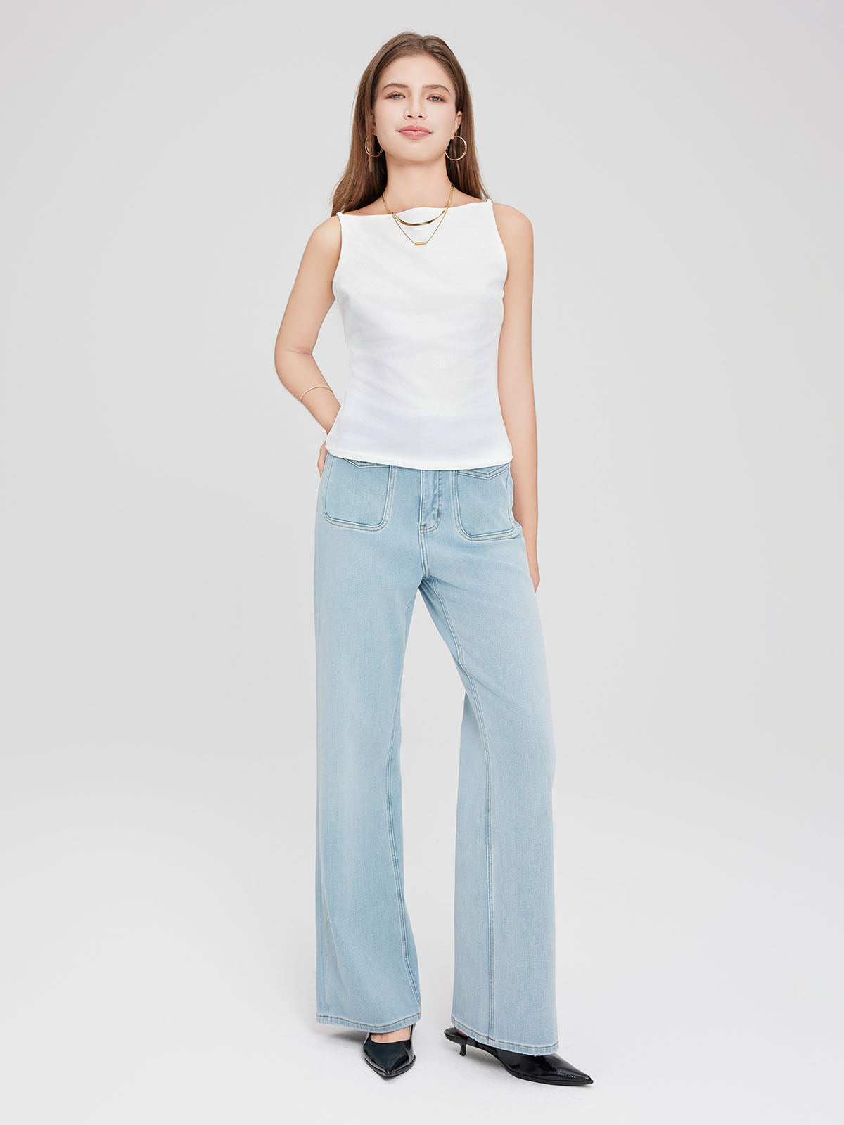 ASOBIO Sleeveless Boatneck Crepe Top