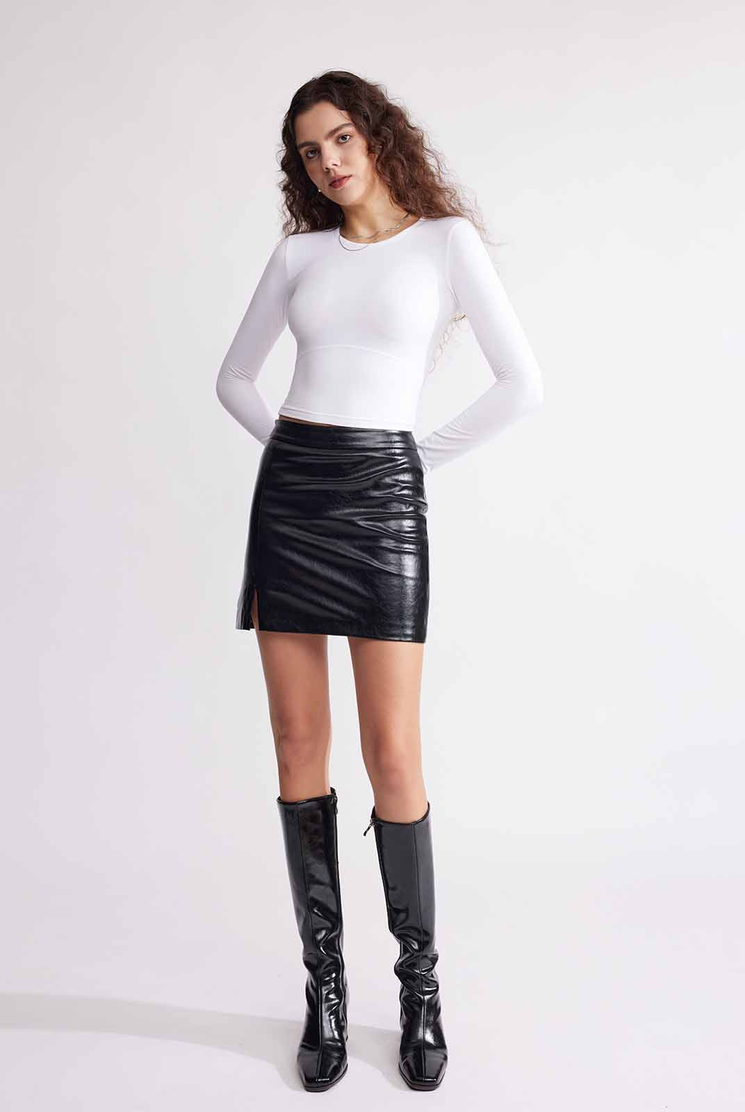 ASOBIO Mid-High Waisted Stretch Leather Mini Skirt