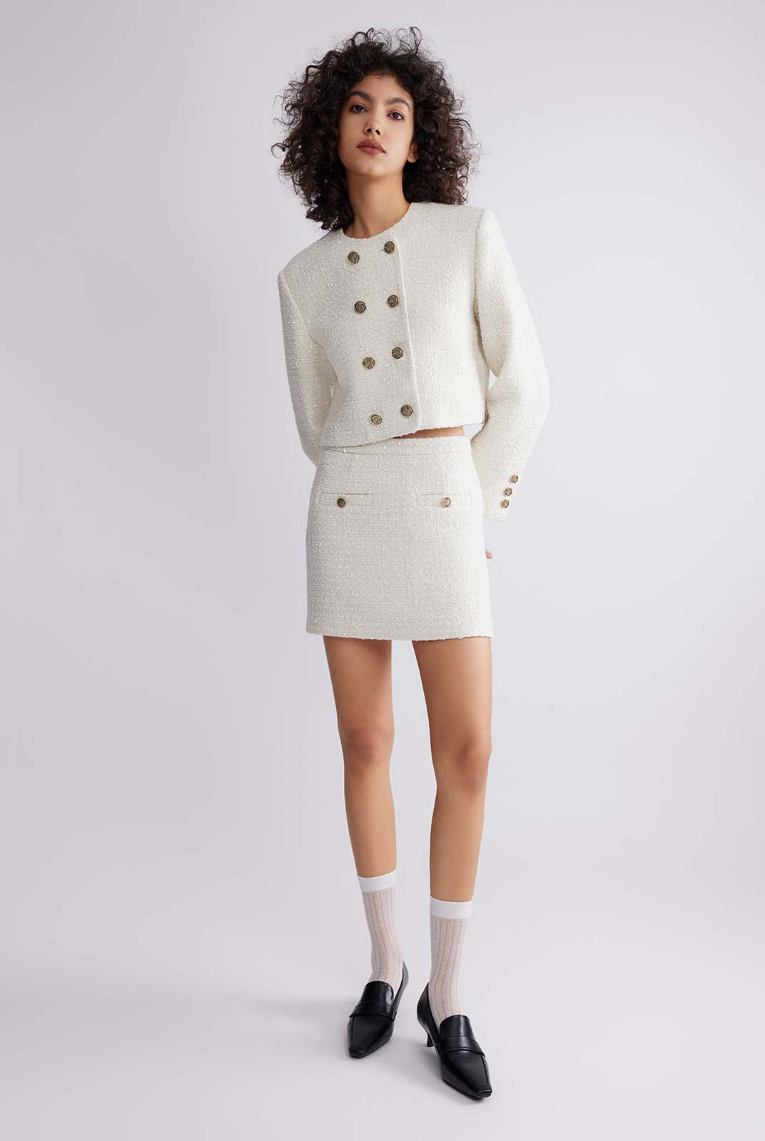 ASOBIO Double-Breasted Cropped Tweed Jacket