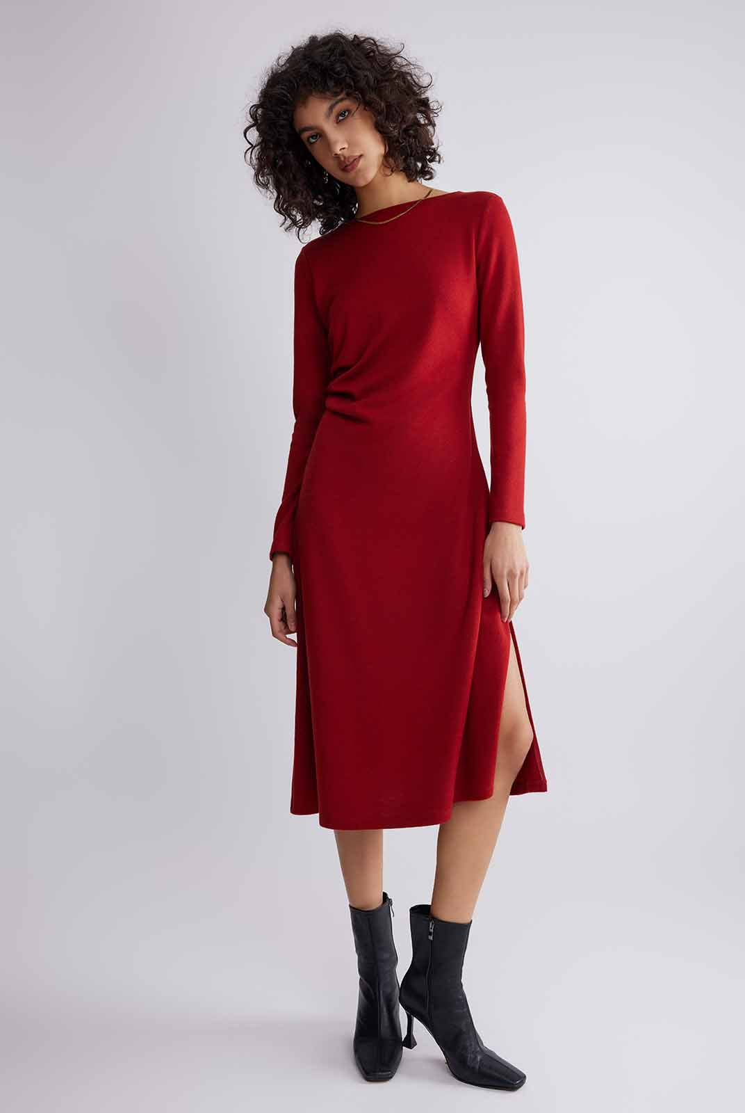 ASOBIO Boat Neck Long-Sleeve Pleated Midi Dress