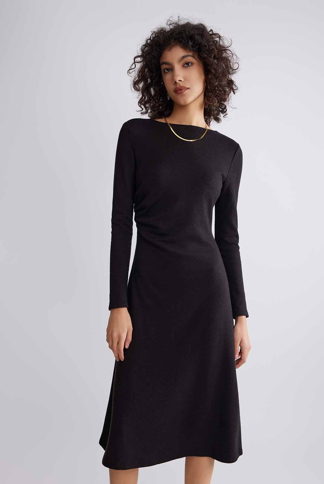 ASOBIO Boat Neck Long-Sleeve Pleated Midi Dress
