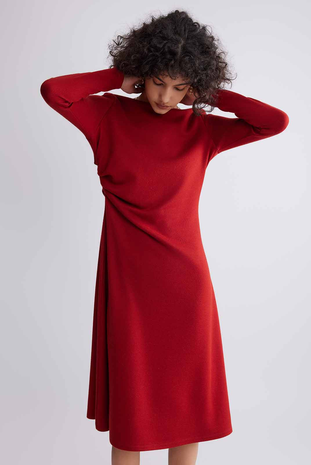 ASOBIO Boat Neck Long-Sleeve Pleated Midi Dress