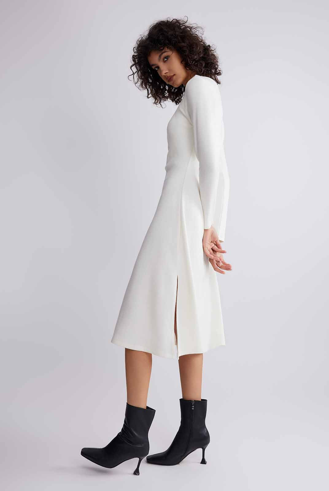 ASOBIO Boat Neck Long-Sleeve Pleated Midi Dress