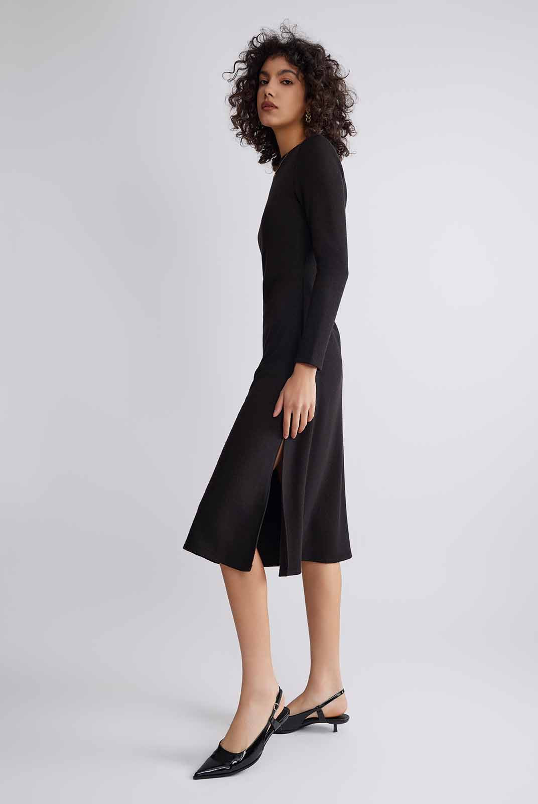 ASOBIO Boat Neck Long-Sleeve Pleated Midi Dress