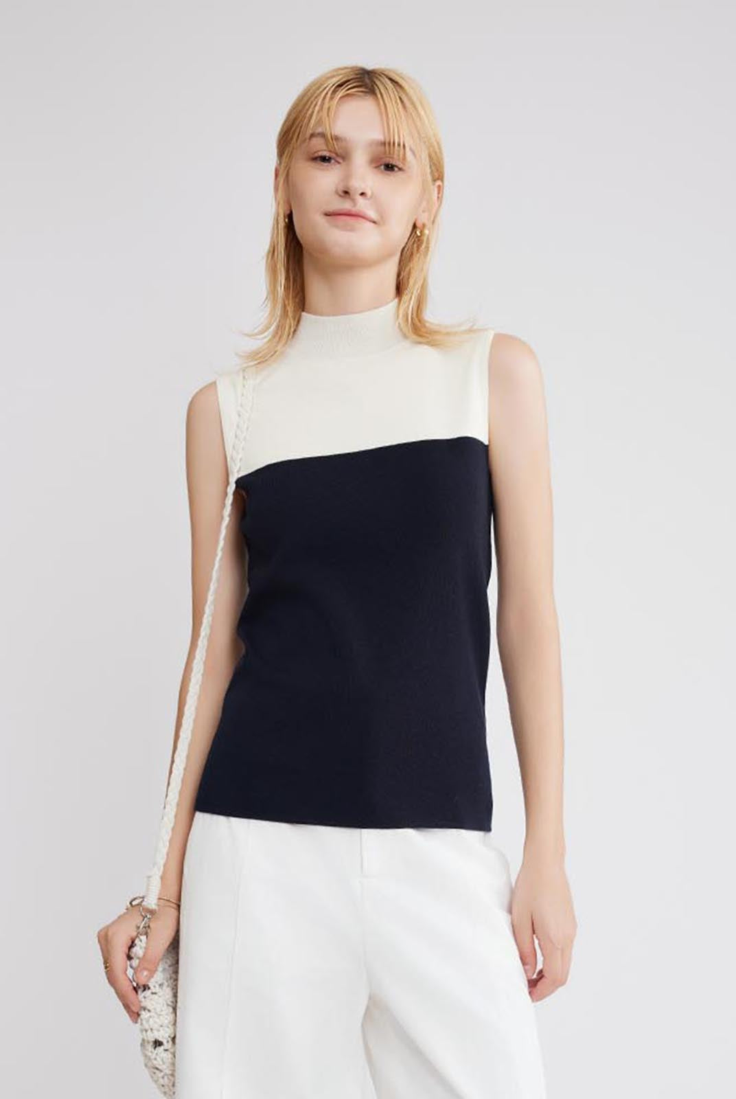 ASOBIO Colorblock Mockneck Sleeveless Knit Top