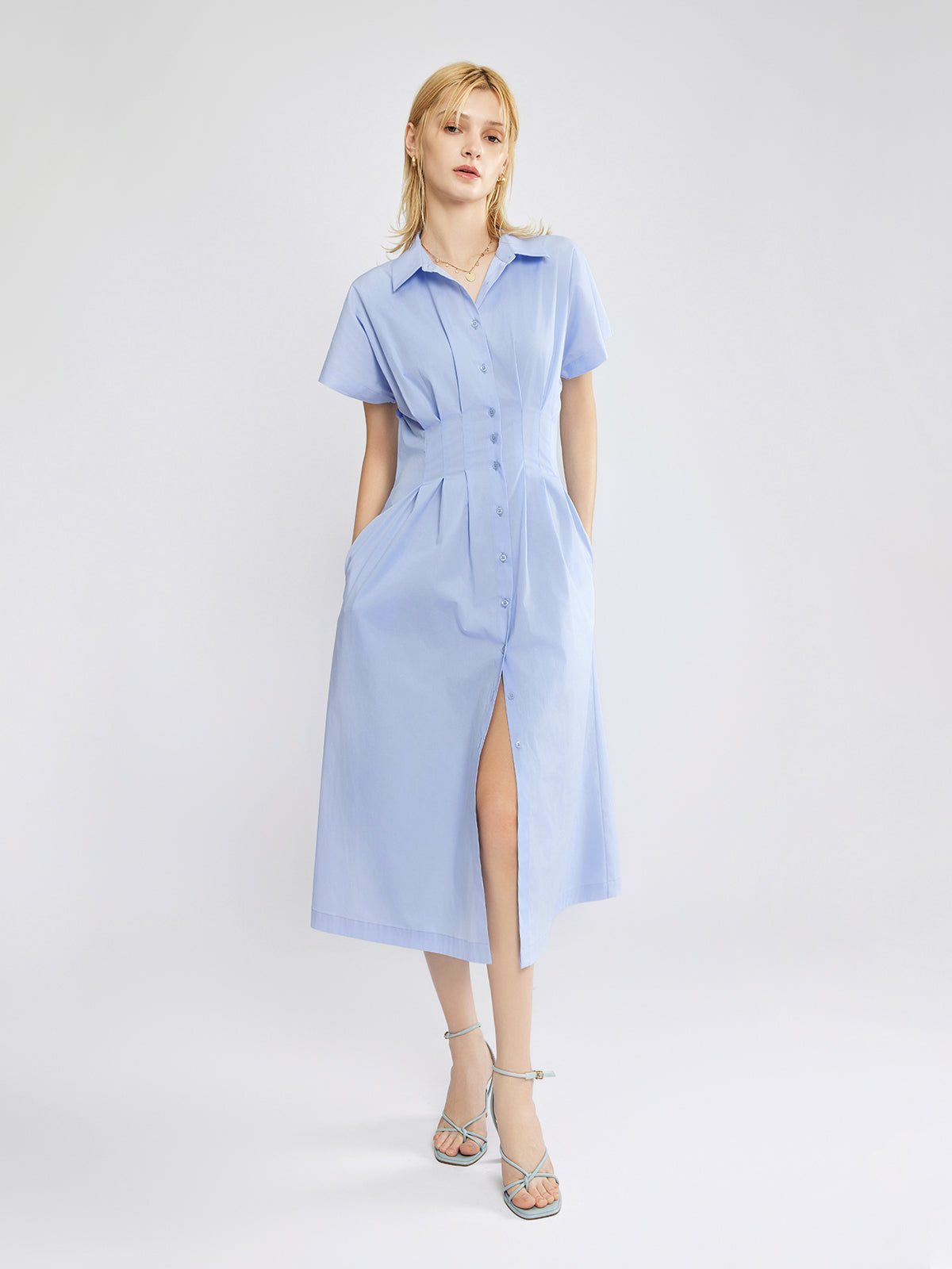 Button-Front Pleated Midi Shirt Dress
