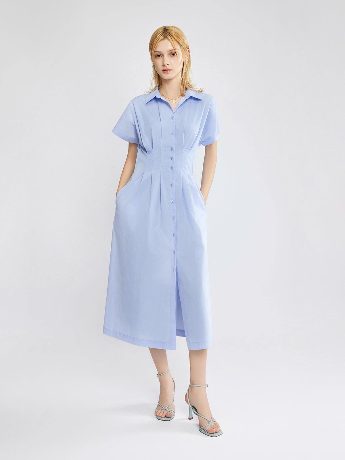 Button-Front Pleated Midi Shirt Dress