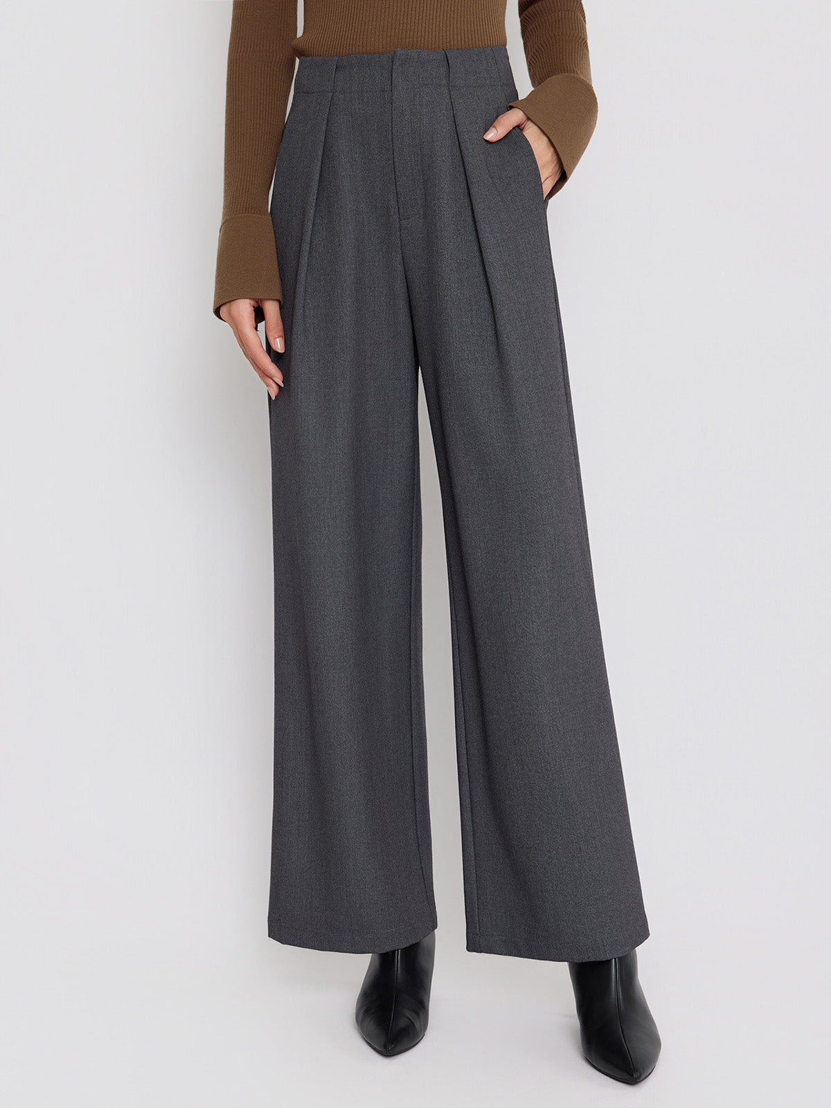 ASOBIO Wool-Blend Pleated Wide-Leg Pant